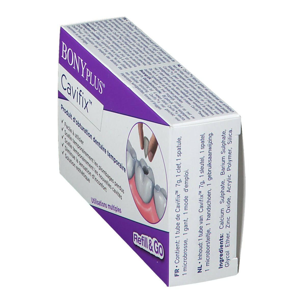 BONYPlus Cavifix Packung, schräg. Enthält eine Tube, Spatel, Bürste, Handschuhe. Inhaltsstoffe aufgelistet.