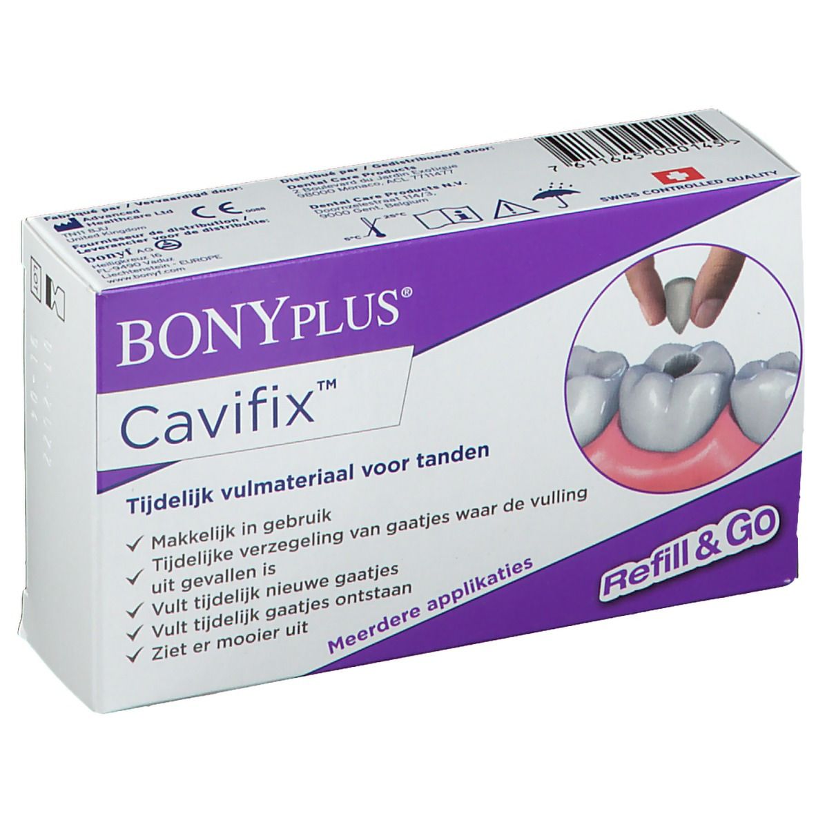 BONYPlus Cavifix Packung. Produkt zur temporären Zahnfüllung. Abbildung der Anwendung.