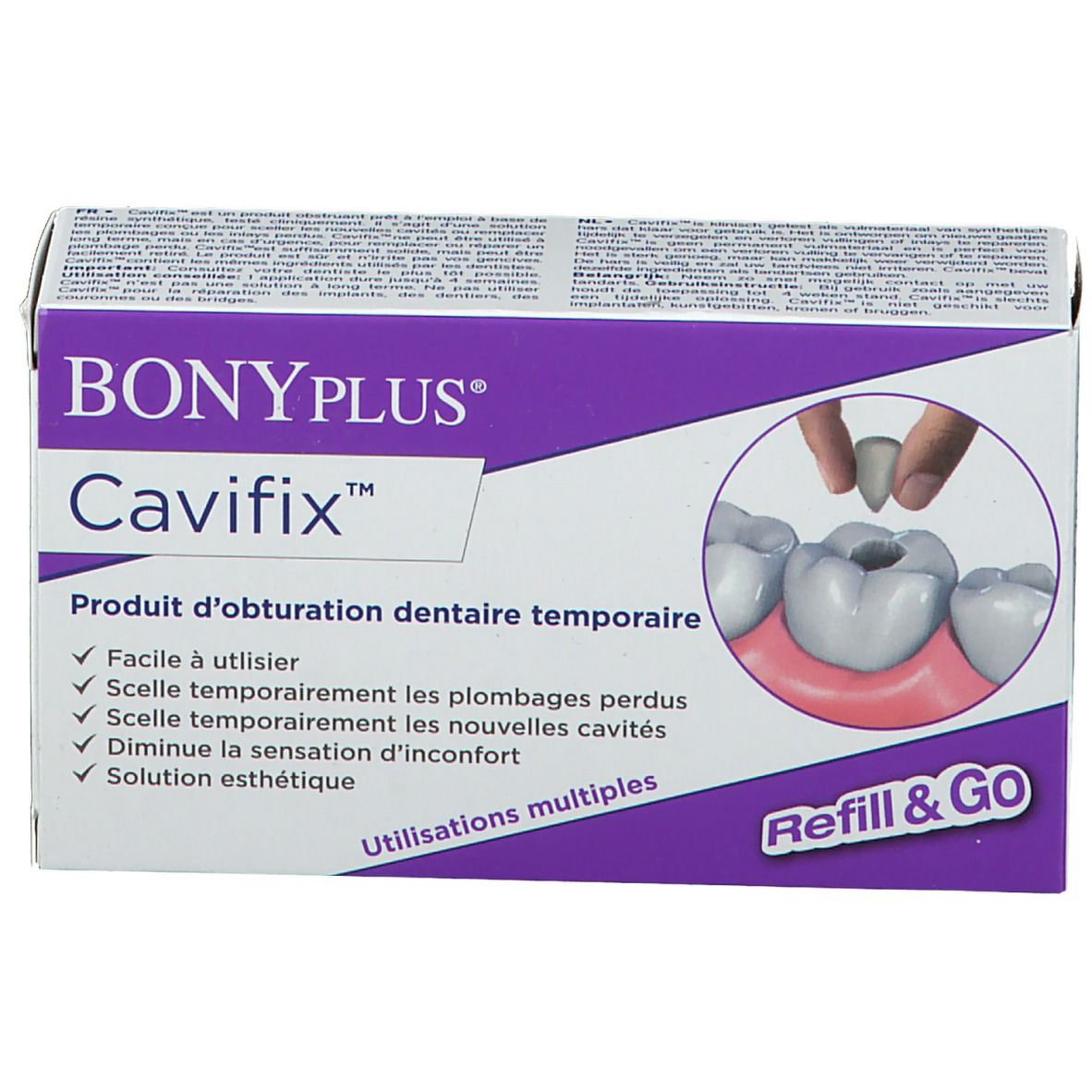 BONYPlus Cavifix Packung. Produkt zur temporären Zahnfüllung. Abbildung der Anwendung.