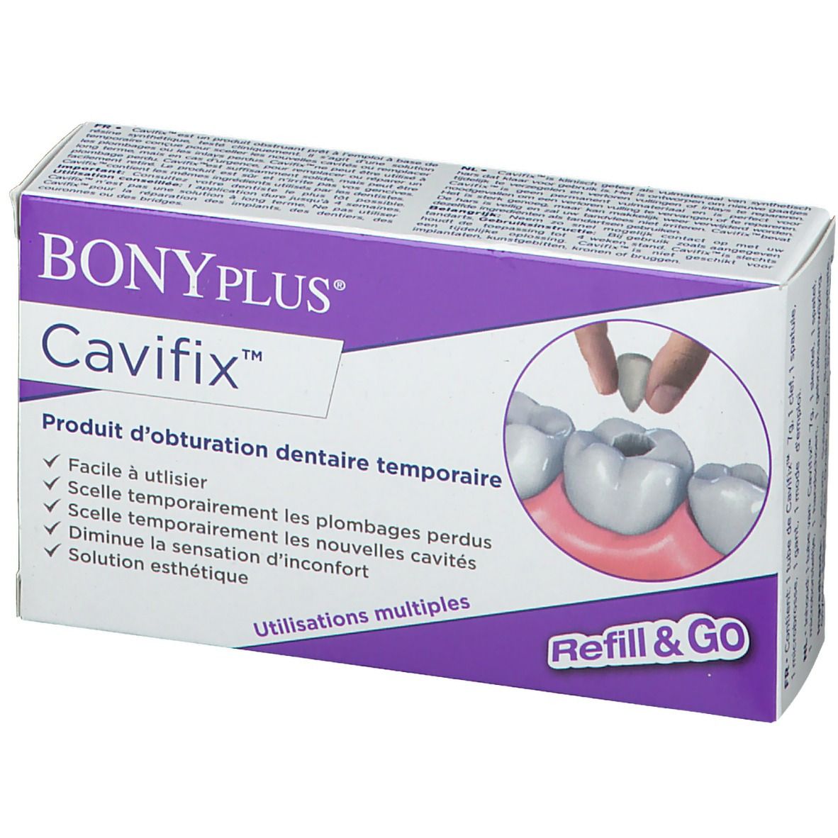 BONYPlus Cavifix Packung. Produkt zur temporären Zahnfüllung. Abbildung der Anwendung.