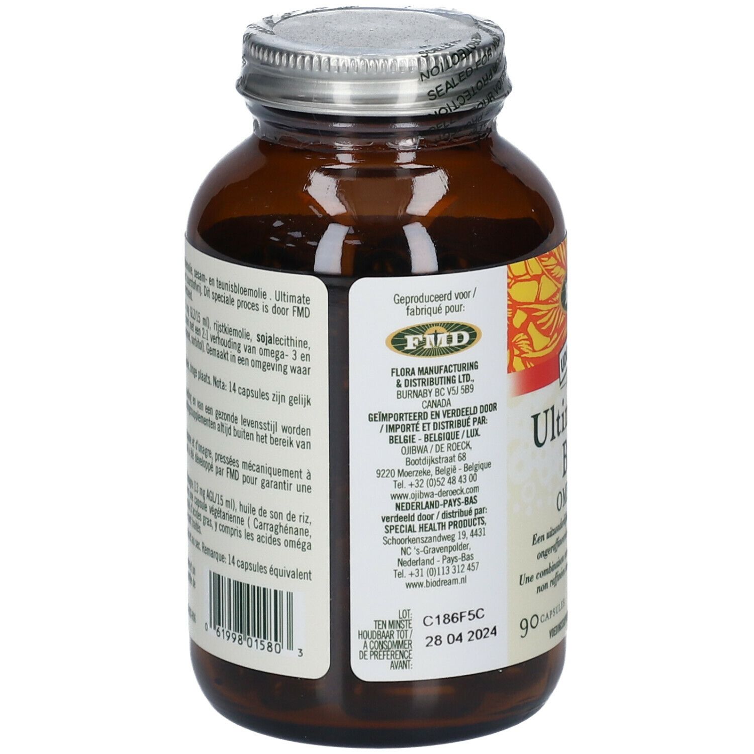 Vue arrière du flacon en verre brun. Étiquette avec informations sur le produit et coordonnées du fabricant. Bouchon à vis.