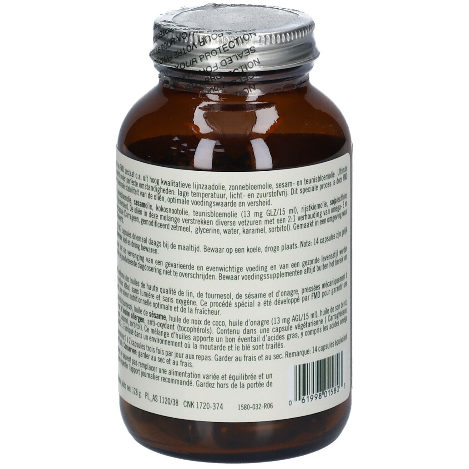 Vue arrière du flacon en verre brun. Étiquette avec informations sur le produit, ingrédients et mode d'emploi. Bouchon à vis.