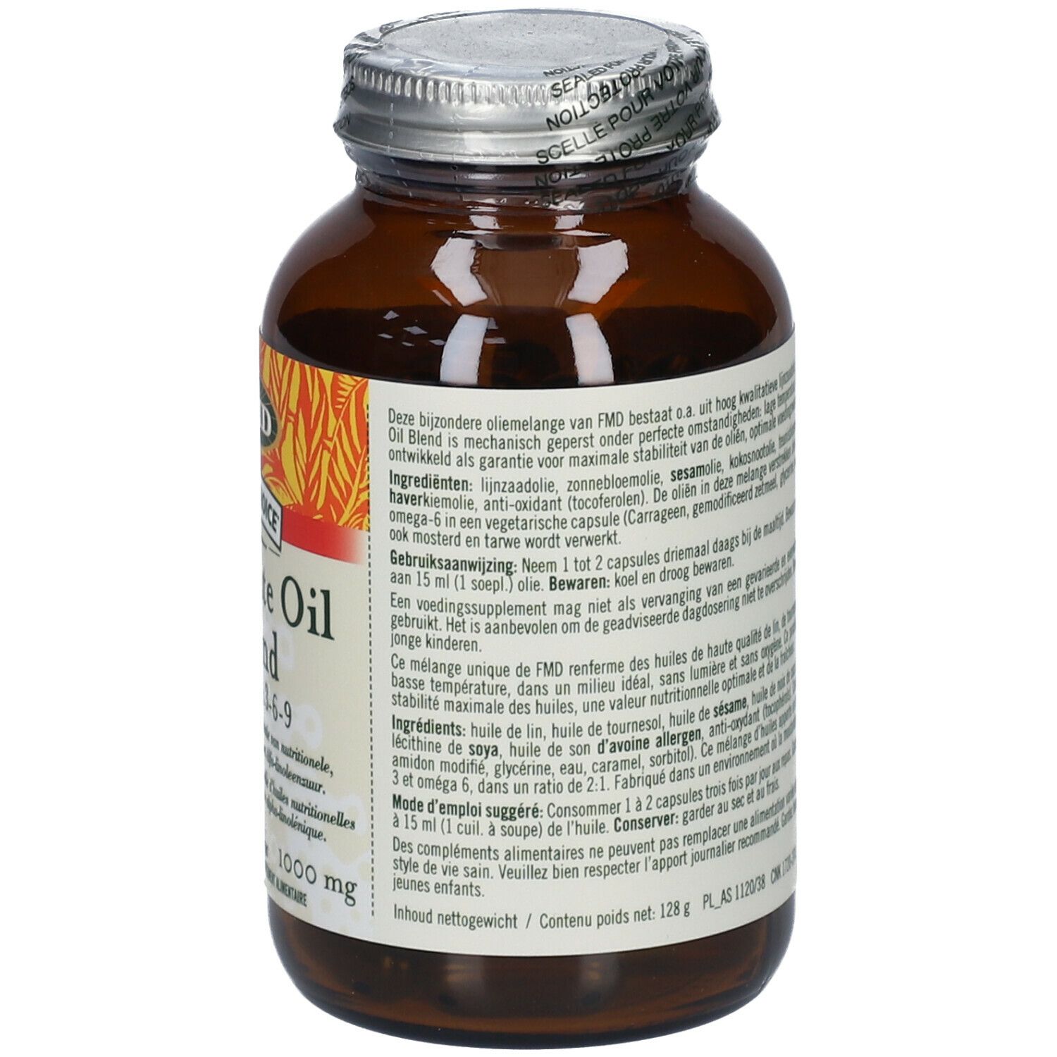 Vue arrière du flacon en verre brun. Étiquette avec informations sur le produit, ingrédients et mode d'emploi. Bouchon à vis.