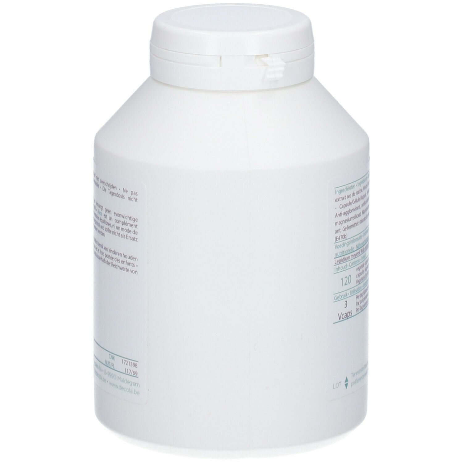 Dos du flacon blanc. Texte avec informations sur les ingrédients, le dosage et la quantité.