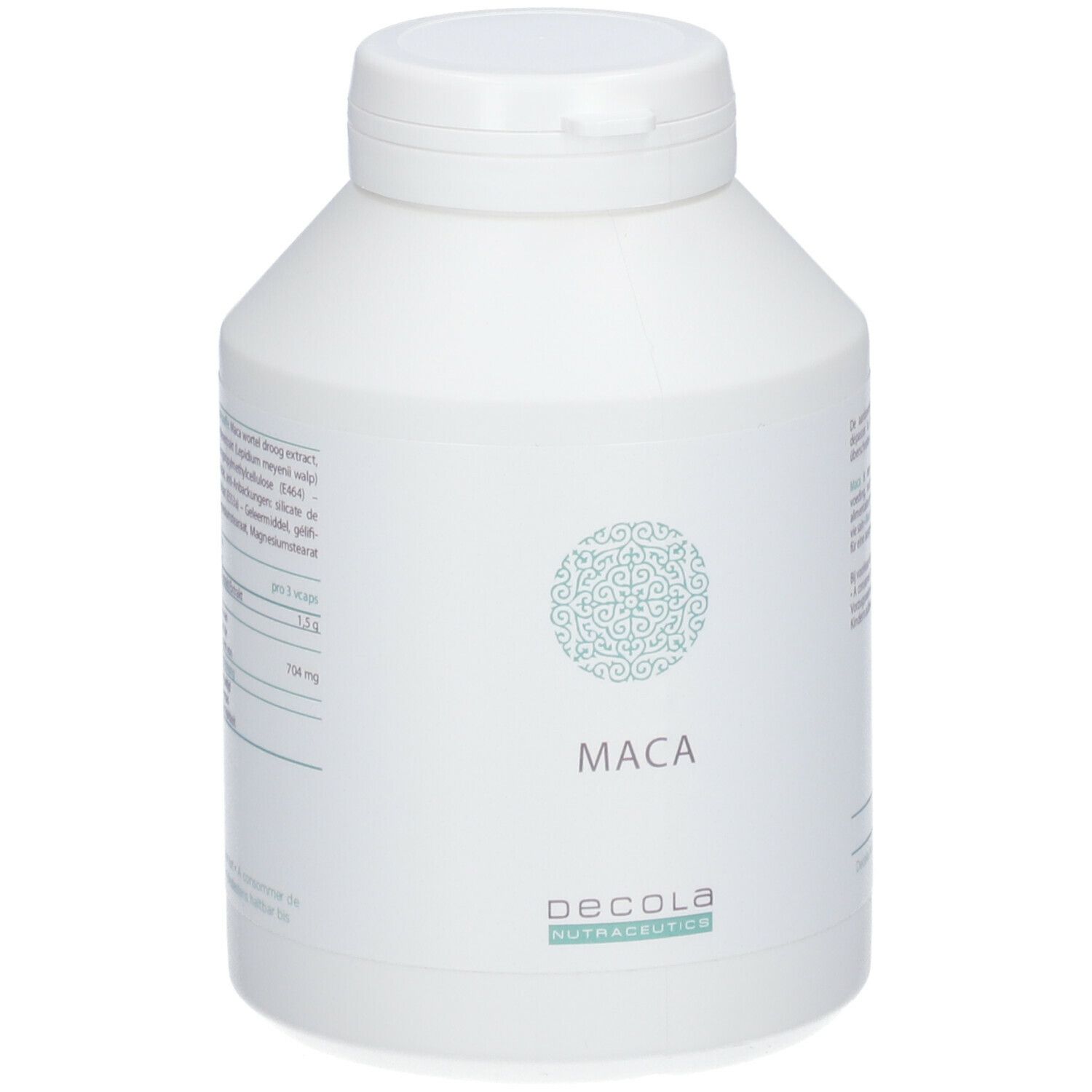 Flacon blanc avec bouchon. Inscription "MACA" et logo. En dessous, "DECOLA NUTRACEUTICS".