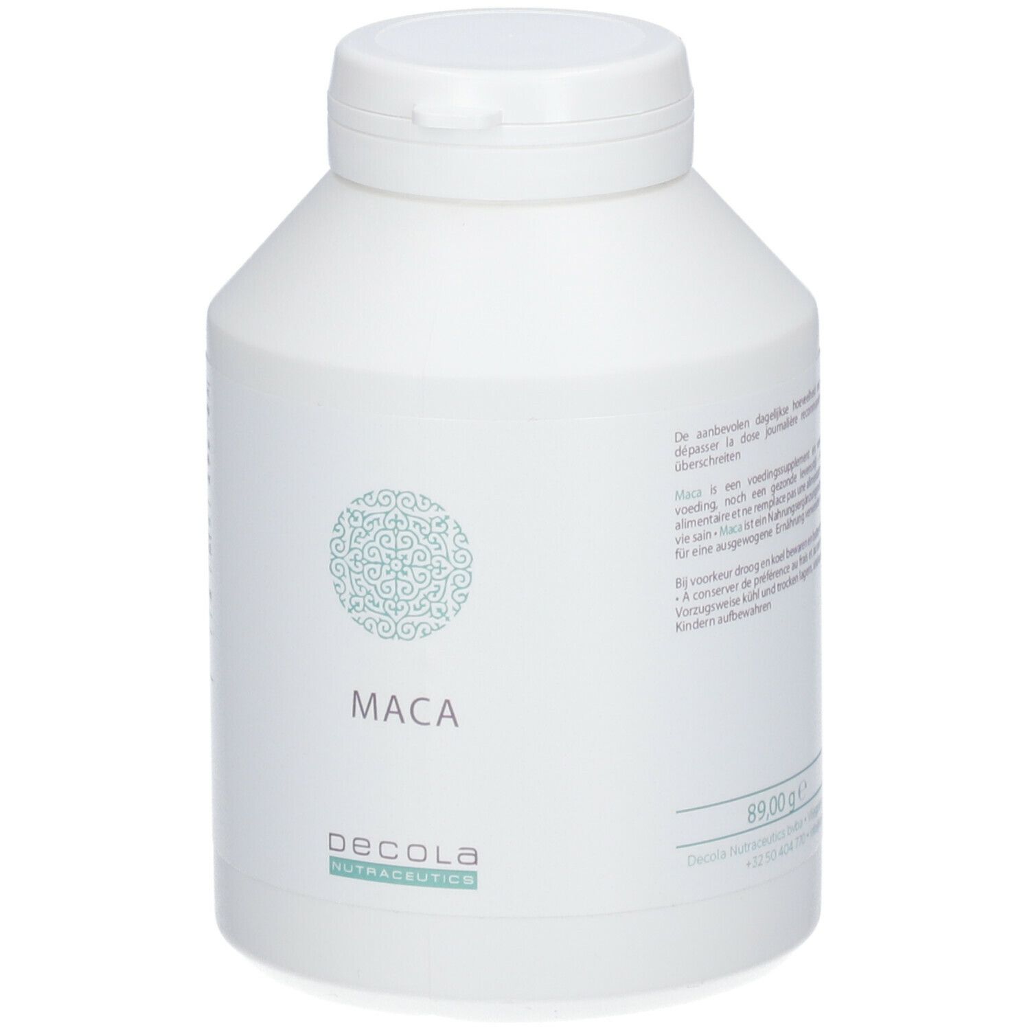 Flacon blanc avec bouchon. Inscription "MACA" et logo. En dessous, "DECOLA NUTRACEUTICS". Poids : 89,00 g.