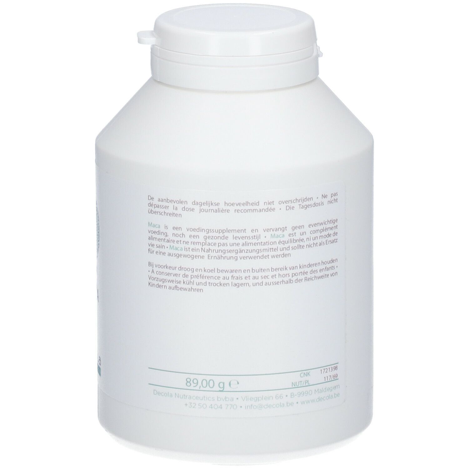 Flacon blanc avec bouchon. Texte avec informations. Poids : 89,00 g. Adresse et coordonnées.