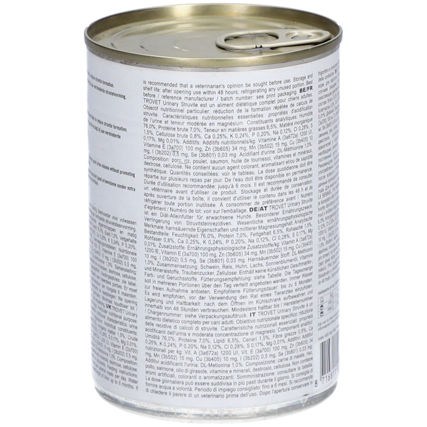 Dos de la boîte Trovet Urinary Struvite ASD. Informations textuelles et valeurs nutritionnelles. Boîte avec couvercle.