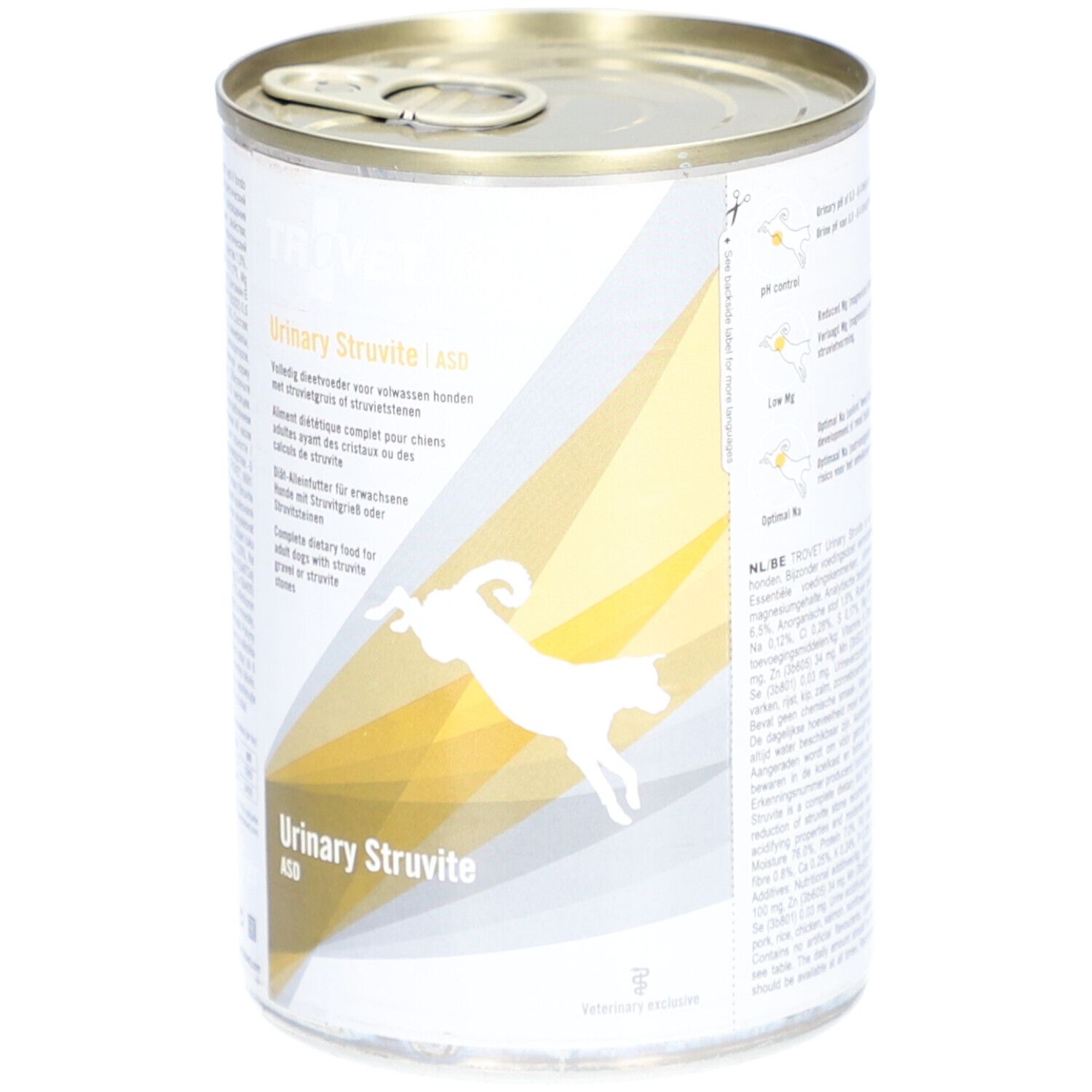 Boîte Trovet Urinary Struvite ASD. Aliment diététique complet pour chiens avec cristaux de struvite. Boîte avec couvercle.