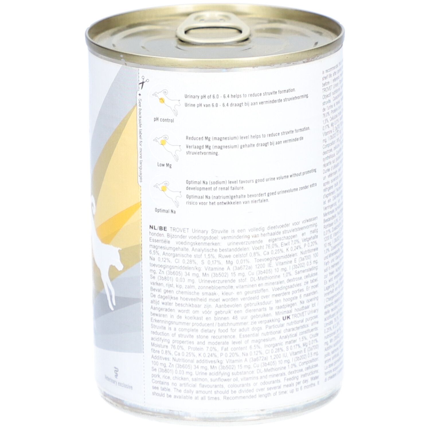 Dos de la boîte Trovet Urinary Struvite ASD. Informations textuelles et valeurs nutritionnelles. Boîte avec couvercle.