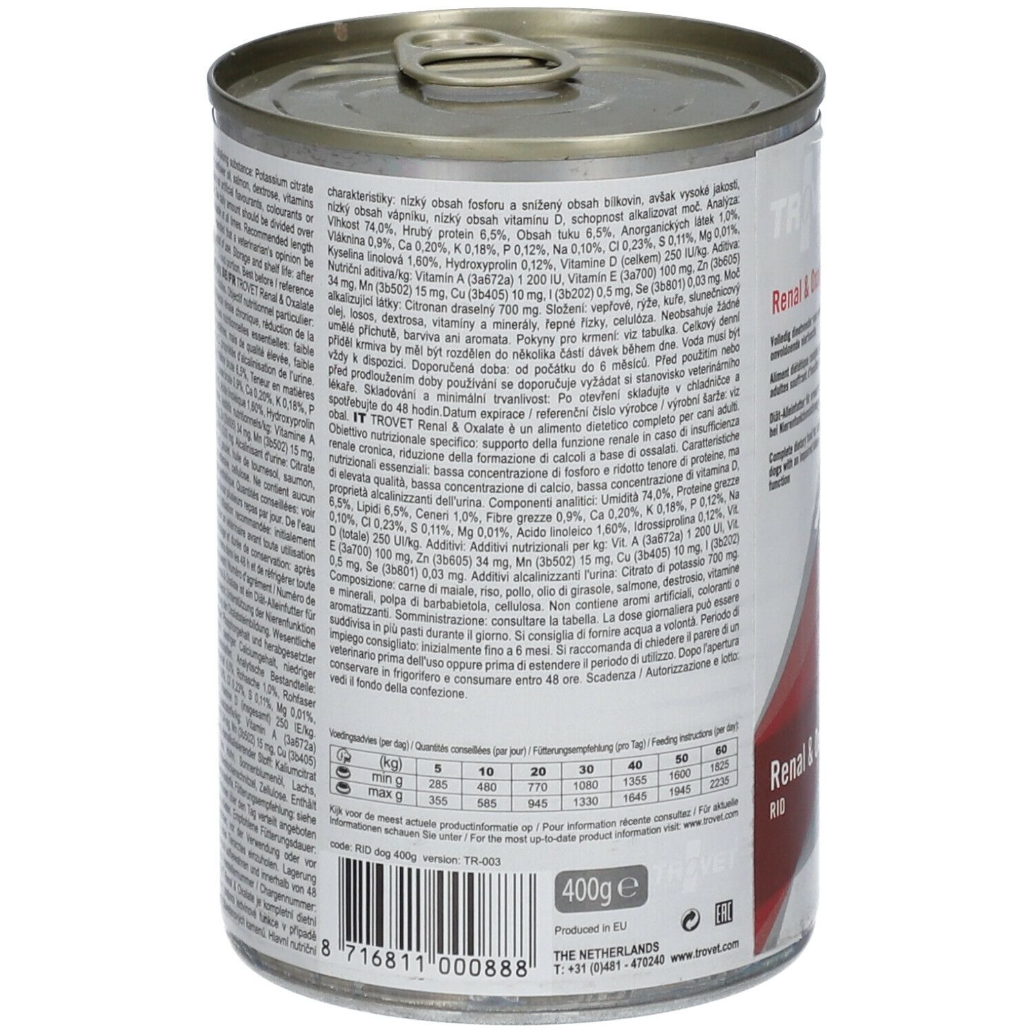 Boîte de nourriture pour chiens TROVET RID Renal & Oxalate. Dos avec texte en plusieurs langues. 400g.