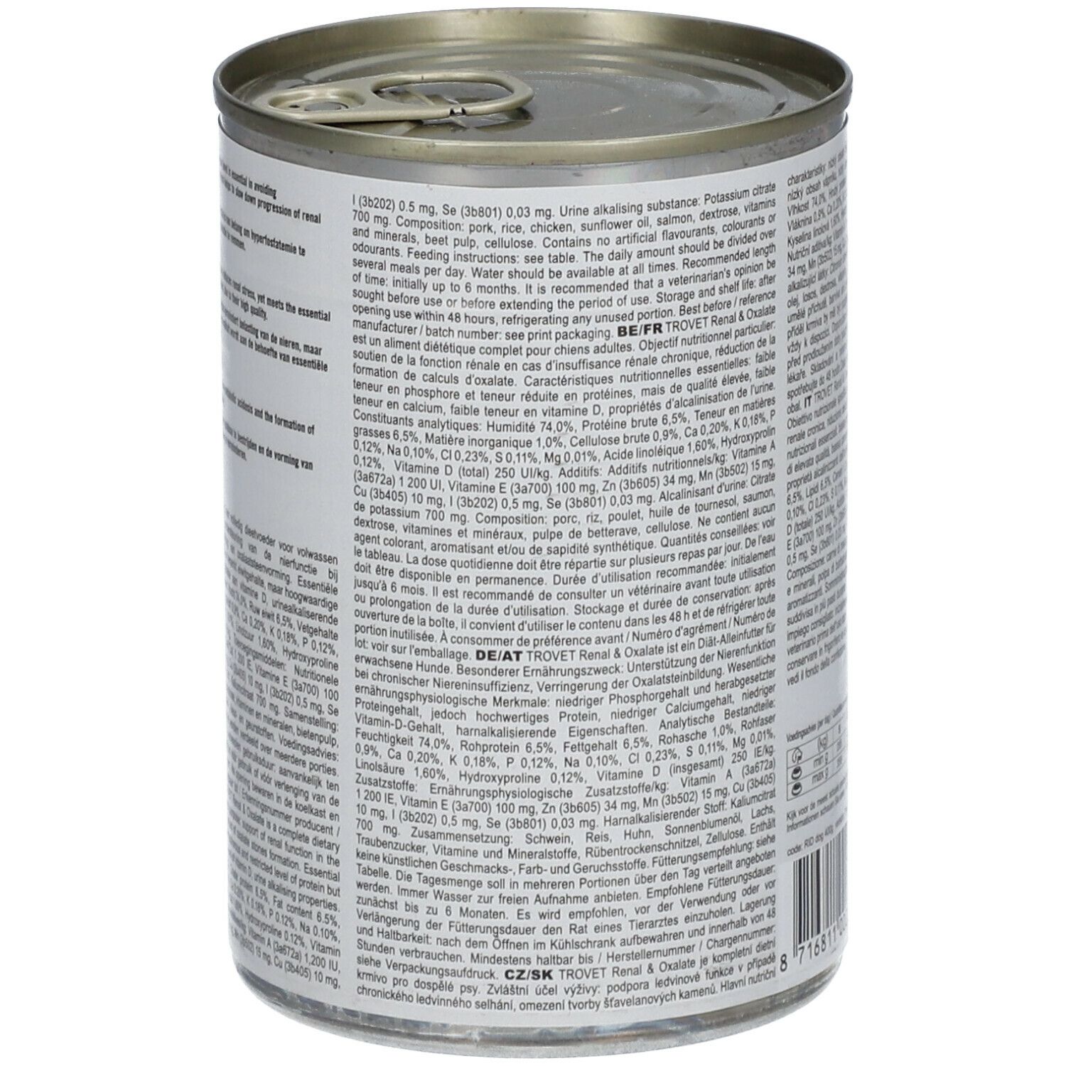 Boîte de nourriture pour chiens TROVET RID Renal & Oxalate. Boîte avec texte en plusieurs langues. Couvercle à languette.