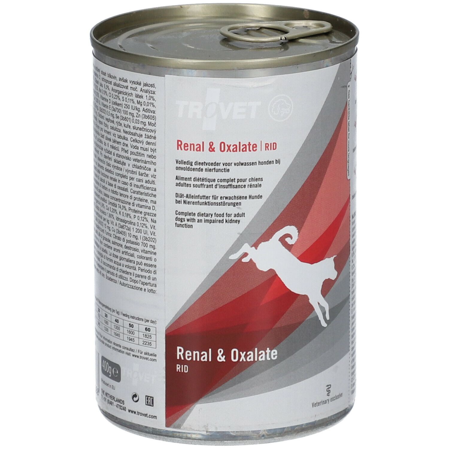Boîte de nourriture pour chiens TROVET RID Renal & Oxalate. Boîte avec impression et silhouette de chien. 400g.