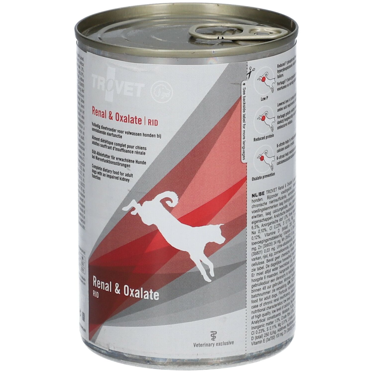 Boîte de nourriture pour chiens TROVET RID Renal & Oxalate. Boîte avec impression et silhouette de chien. Couvercle à languette.