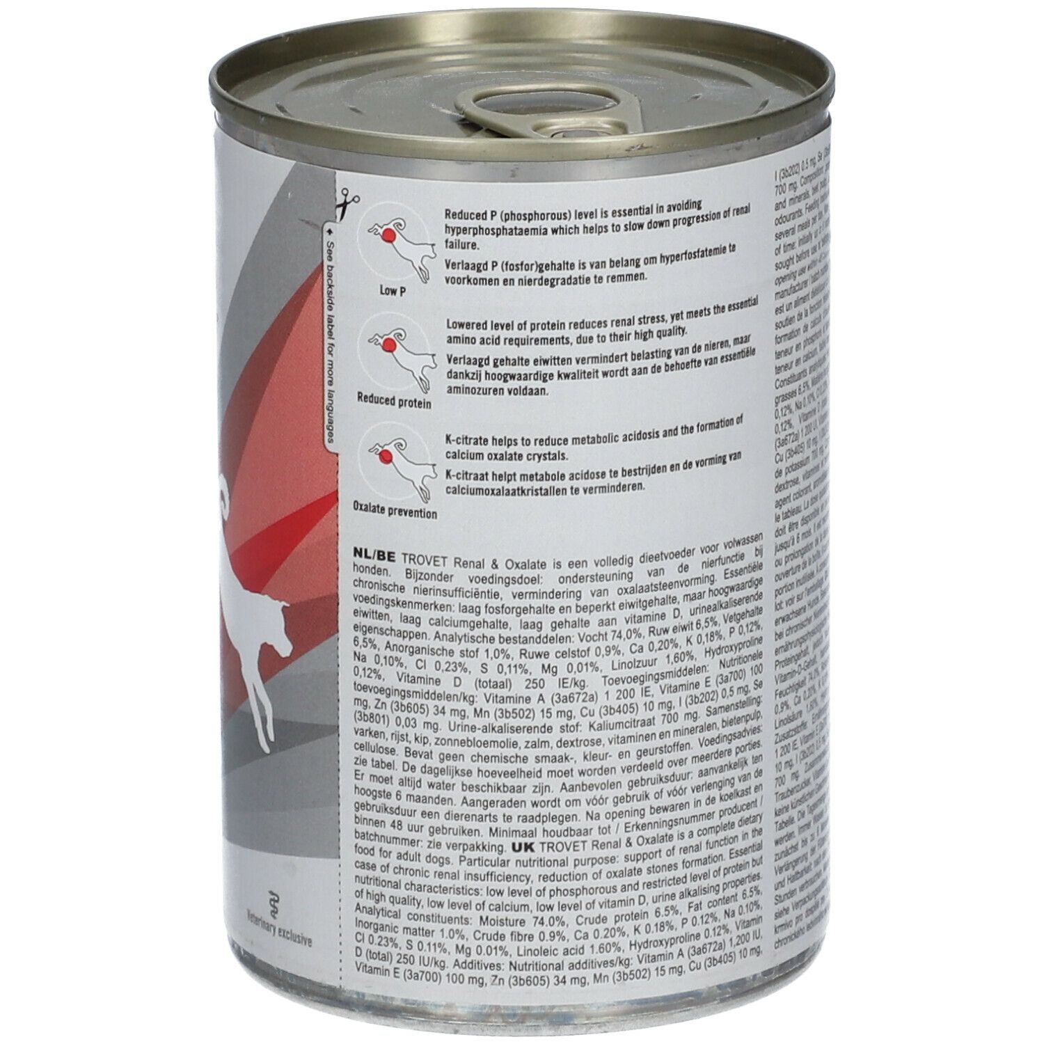 Boîte de nourriture pour chiens TROVET RID Renal & Oxalate. Dos avec texte et illustrations. Couvercle à languette.