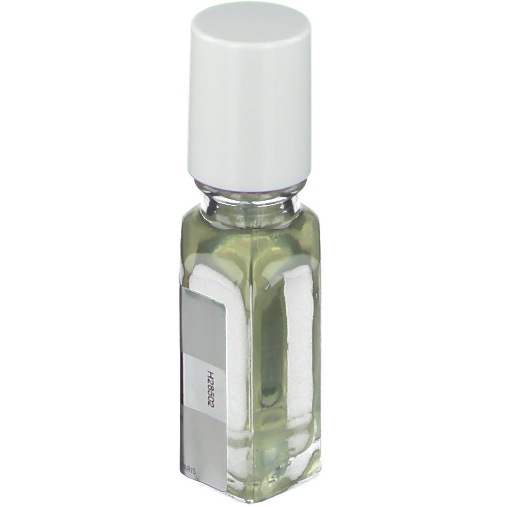 Flacon transparent avec bouchon blanc. Étiquette argentée avec nom du produit PHYTOPOLLÉINE. Texte: Botanical scalp treatment. Forme carrée.