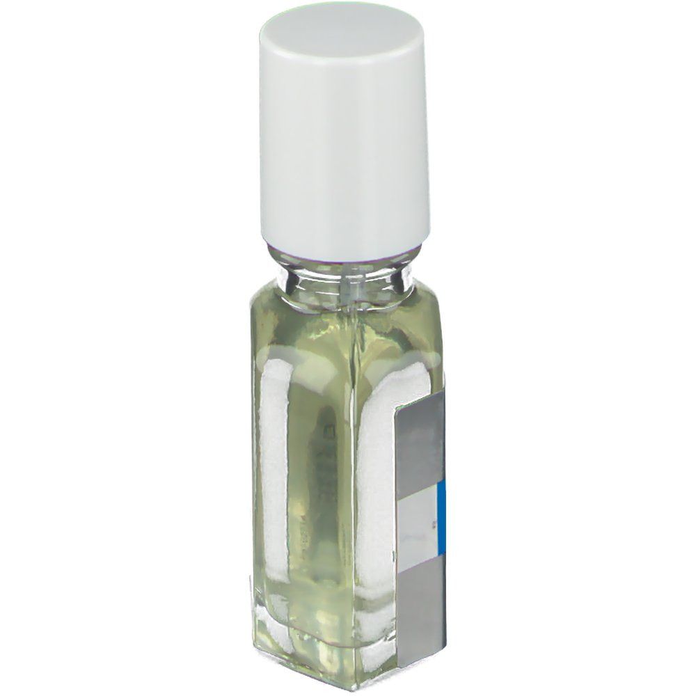 Flacon transparent avec bouchon blanc. Étiquette argentée avec nom du produit PHYTOPOLLÉINE. Texte: Botanical scalp treatment. Forme carrée.