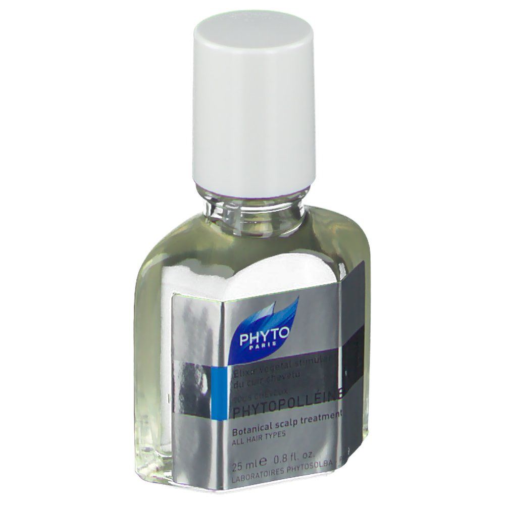 Flacon transparent avec bouchon blanc. Étiquette argentée avec accent bleu et nom du produit PHYTOPOLLÉINE. Texte: Botanical scalp treatment.
