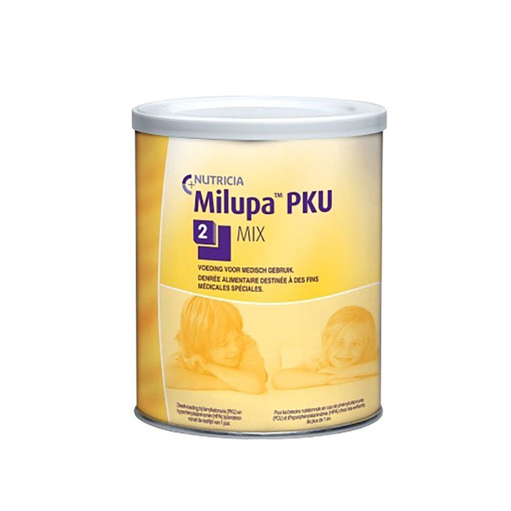 Boîte Nutricia Milupa PKU 2 MIX avec couvercle blanc. Étiquette jaune avec inscription bleue et blanche.