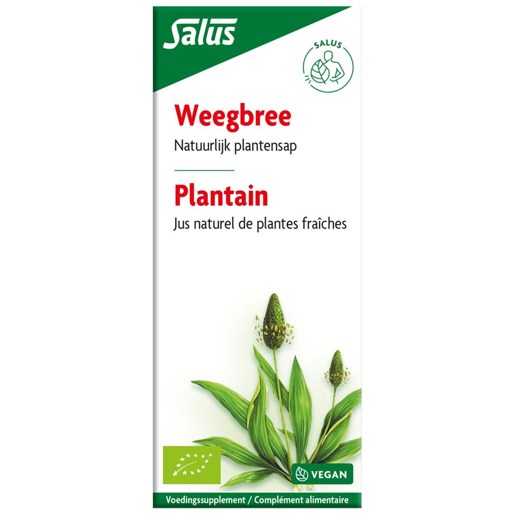 Bouteille de Salus Spitzwegerich Saft Bio. Face avant avec logo, texte 'Weegbree' et 'Plantain', et label bio.