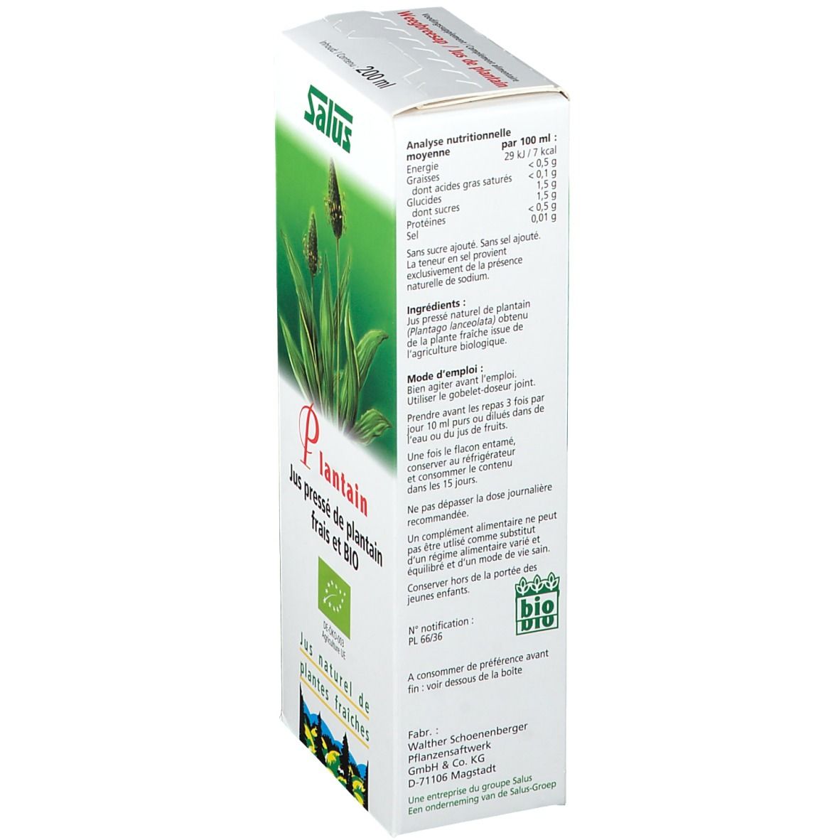 Vue latérale de la boîte Salus Spitzwegerich Saft Bio. Contient informations nutritionnelles, ingrédients et mode d'emploi.