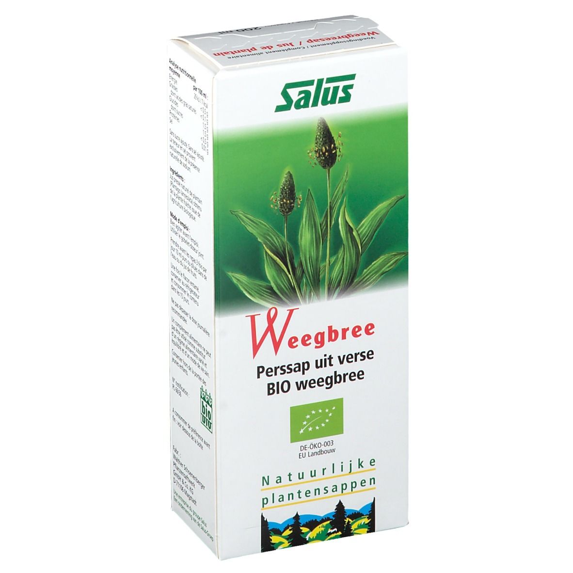 Boîte de Salus Spitzwegerich Saft Bio. Face avant avec illustration de plante, texte 'Weegbree' et label bio.