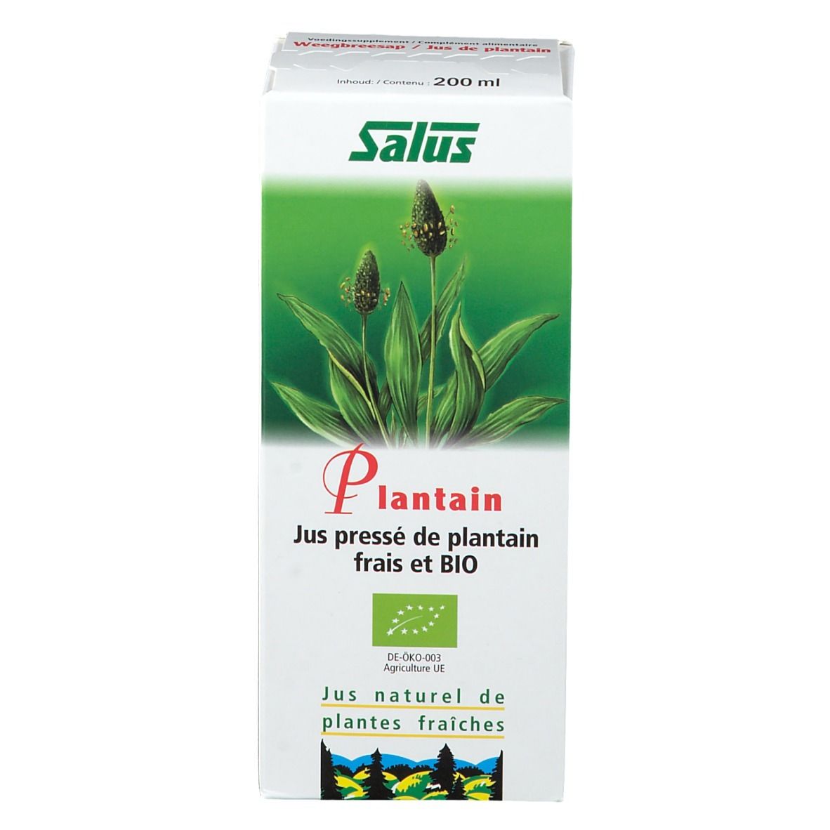 Boîte de Salus Spitzwegerich Saft Bio. Face avant avec illustration de plante, texte 'Plantain' et label bio.