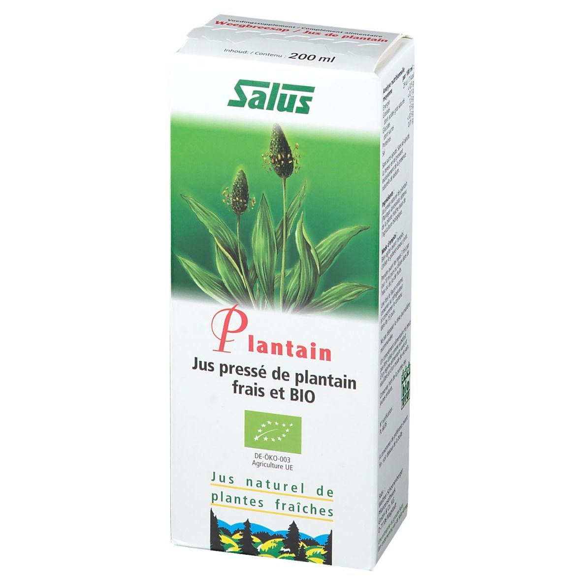Boîte de Salus Spitzwegerich Saft Bio. Face avant avec illustration de plante, texte 'Plantain' et label bio.