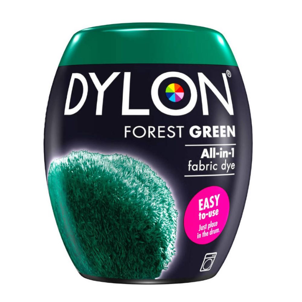 Colorant Dylon vert foncé. Emballage ovale avec nom et couleur du produit. Texte : Colorant tout-en-1. Facile à utiliser.