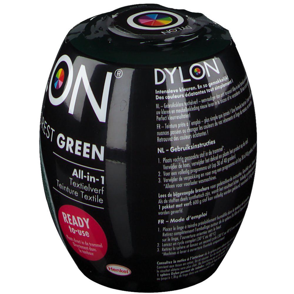 Emballage ovale vert foncé. Nom du produit Dylon. Texte : Forest Green, Colorant tout-en-1. Instructions en plusieurs langues.