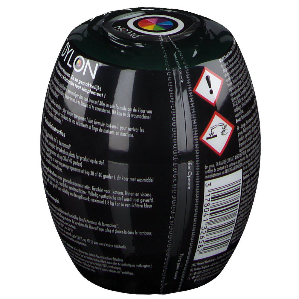 Emballage ovale vert foncé. Dos avec avertissements et code-barres. Texte : Mode d'emploi. Logo Henkel.
