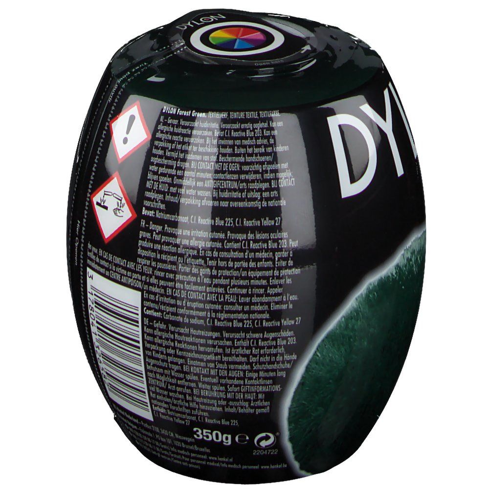 Emballage ovale vert foncé. Dos avec avertissements, code-barres et informations sur le contenu. Poids : 350g.