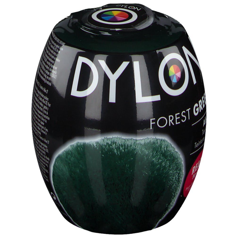 Emballage ovale vert foncé. Nom du produit Dylon. Texte : Forest Green, Colorant tout-en-1. Exemple de produit.