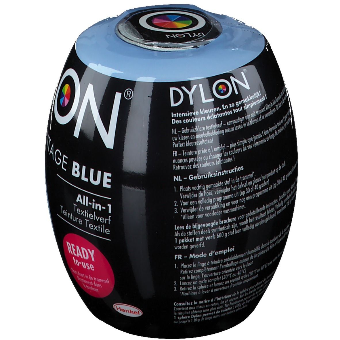 Dylon Colorant 6 Light Blue. Emballage ovale avec texte. Inscriptions: Dylon, Vintage Blue, All-in-1. Texte en plusieurs langues. Autocollant rouge.