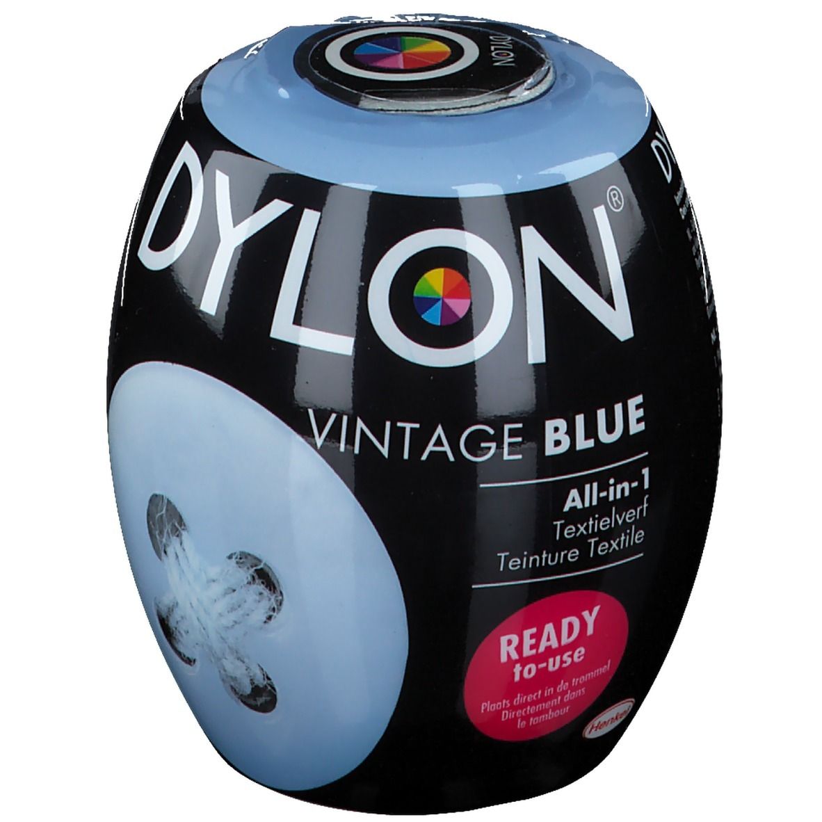 Dylon Colorant 6 Light Blue. Emballage noir ovale avec couvercle bleu. Inscriptions: Dylon, Vintage Blue, All-in-1. Design en forme de bouton.