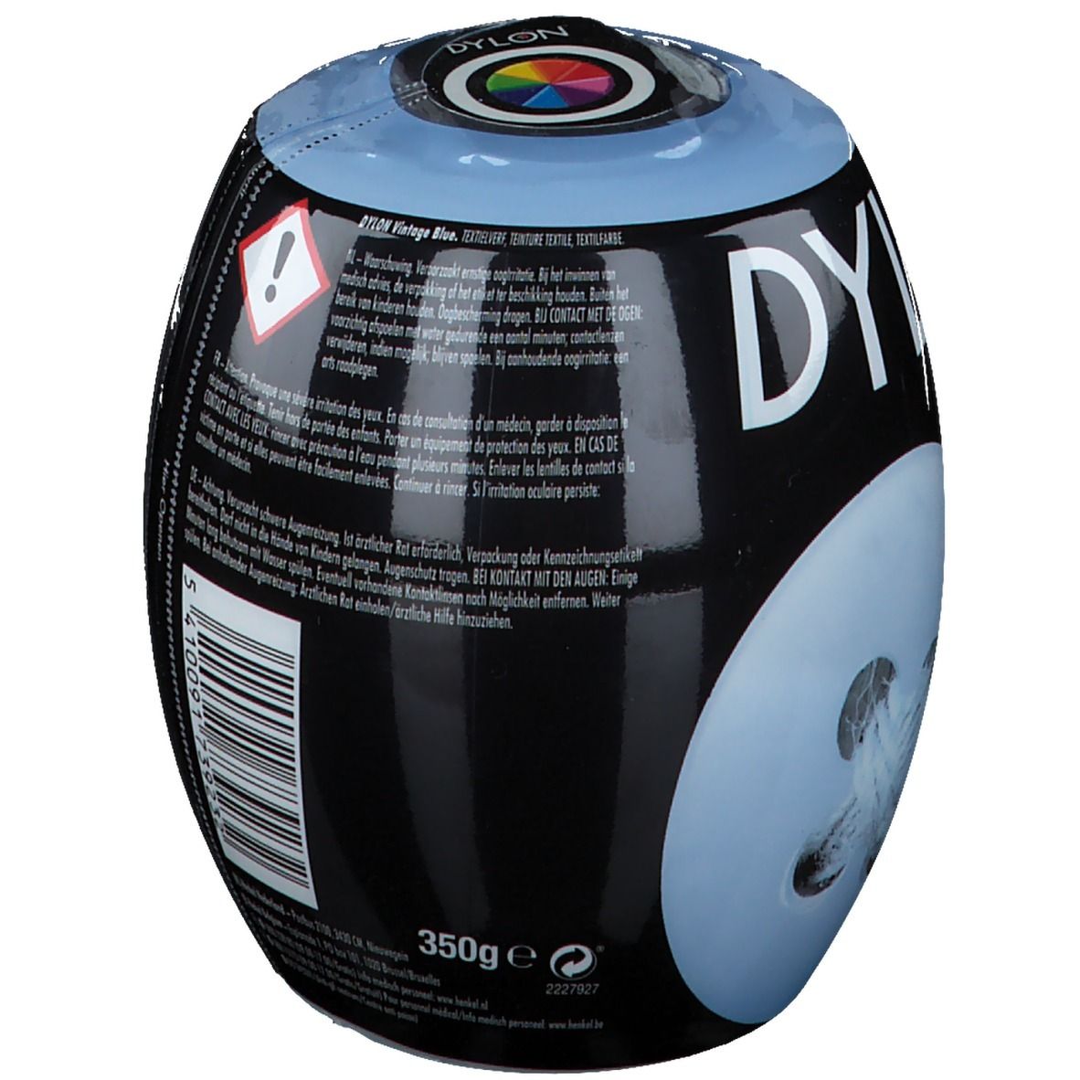 Dylon Colorant 6 Light Blue. Emballage ovale avec texte et avertissements. Inscription: Dylon. Dos avec texte et code-barres. Partie supérieure bleue.