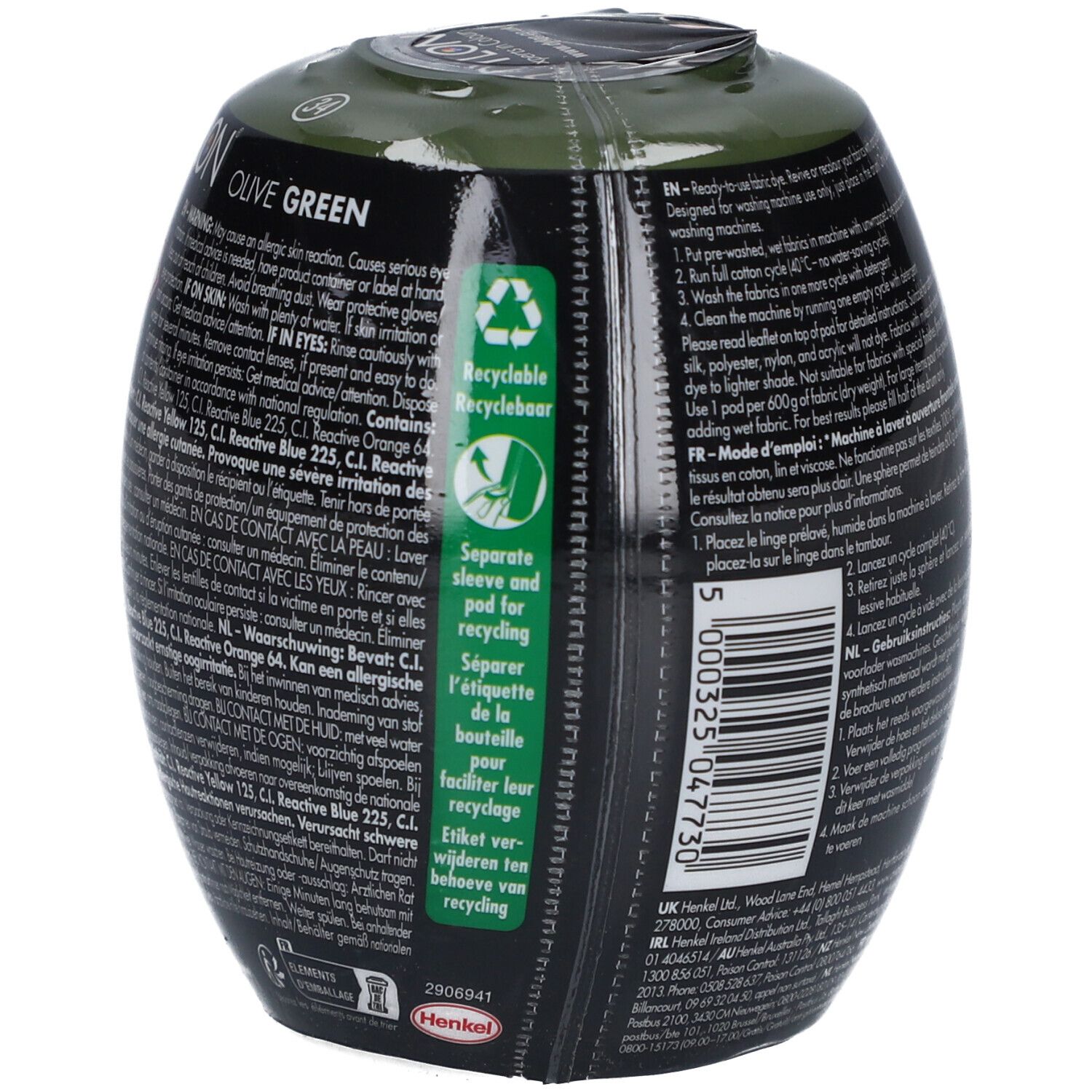 Teinture textile Dylon Olivgrün. Emballage ovale noir. Dos avec texte, symbole de recyclage et code-barres.