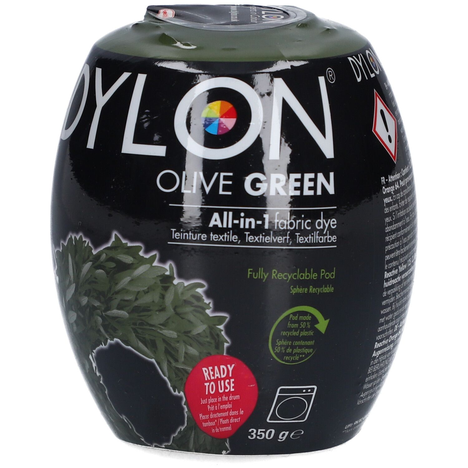 Teinture textile Dylon Olivgrün. Emballage noir ovale avec informations et logo. Avertissement.