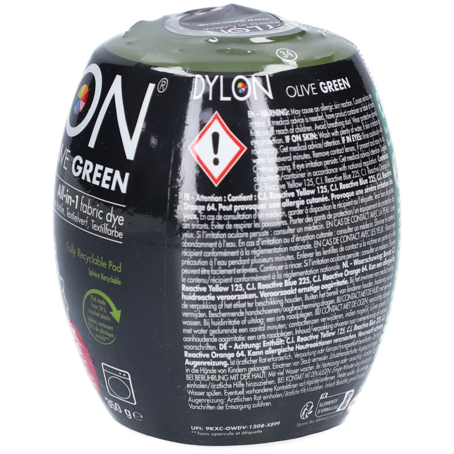Teinture textile Dylon Olivgrün. Emballage ovale noir avec texte, avertissements et symboles de recyclage.