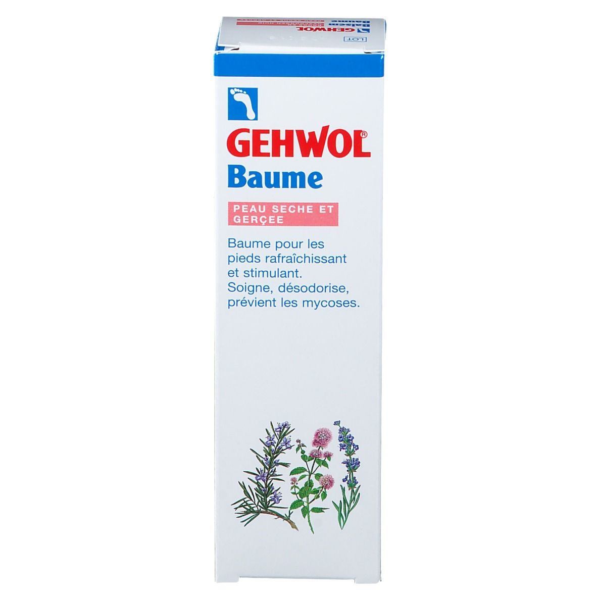Productverpakking, witte doos met tekst GEHWOL Baume. Bevat productinformatie en kruidenillustratie.