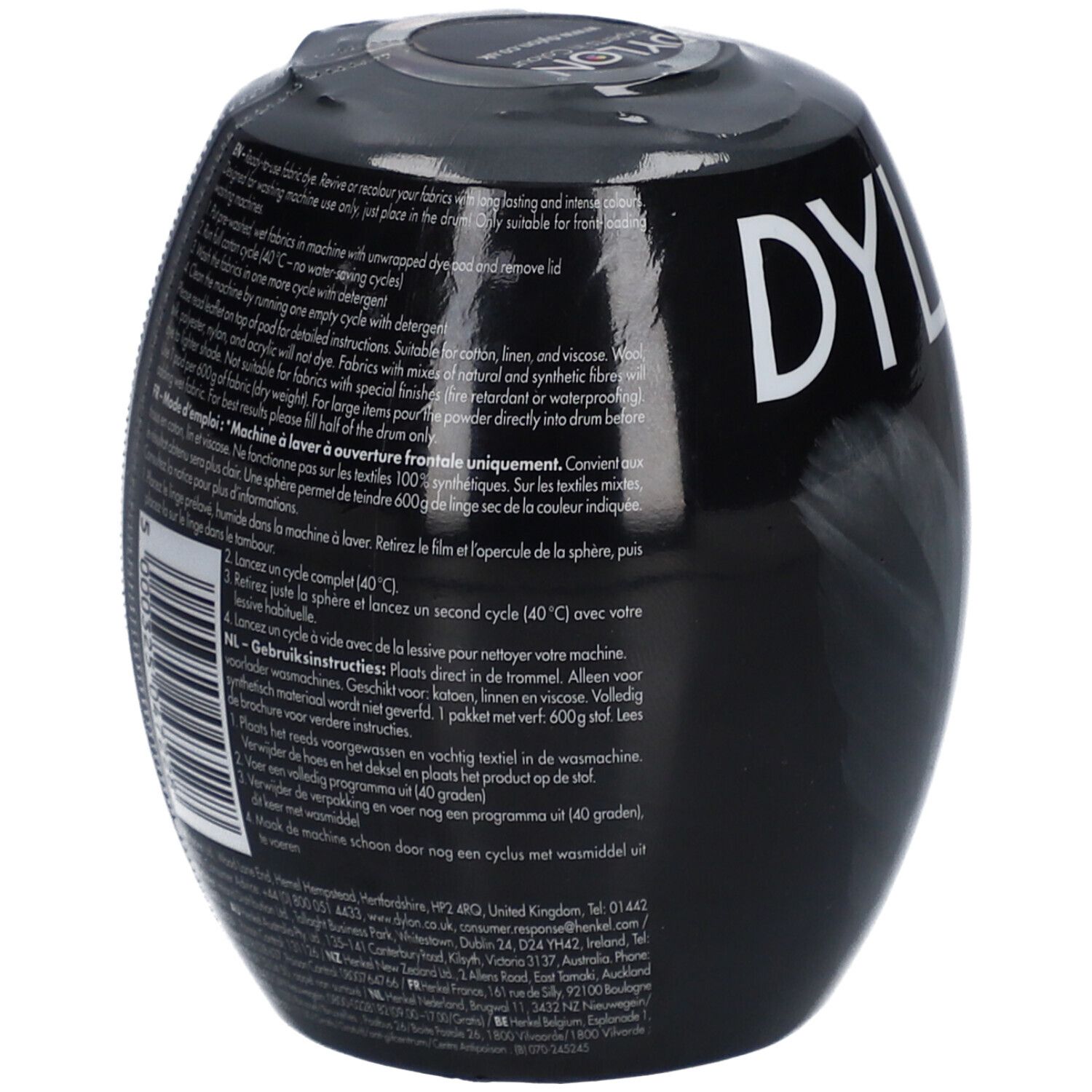 Rückseite der Dylon-Farbe. Schwarze, ovale Verpackung mit Texten in verschiedenen Sprachen. Gebrauchsanweisung.