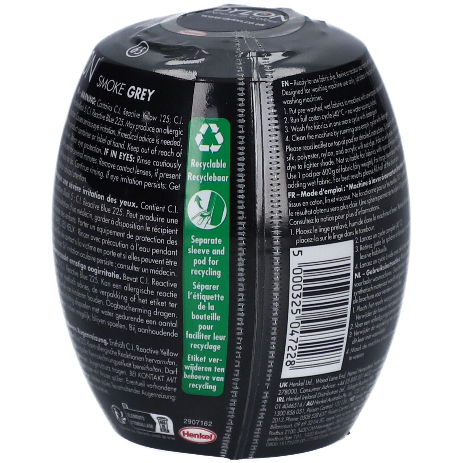 Rückseite der Dylon-Farbe. Schwarze, ovale Verpackung mit Texten und Recycling-Symbolen. Warnhinweise.