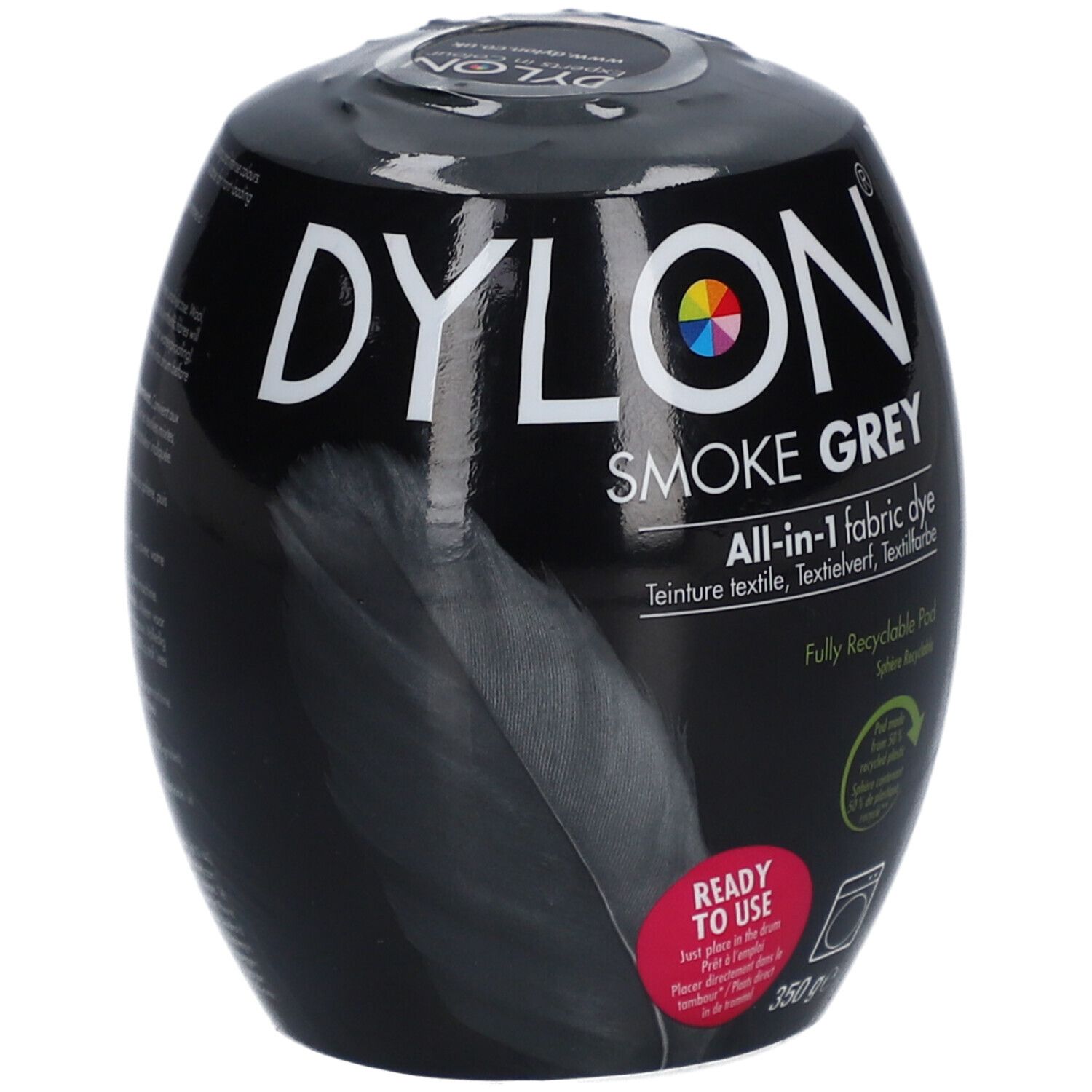 Dylon-Farbe, Smoke Grey, All-in-1-Textilfarbe. Schwarze, ovale Verpackung mit Produktinformationen und Logo.