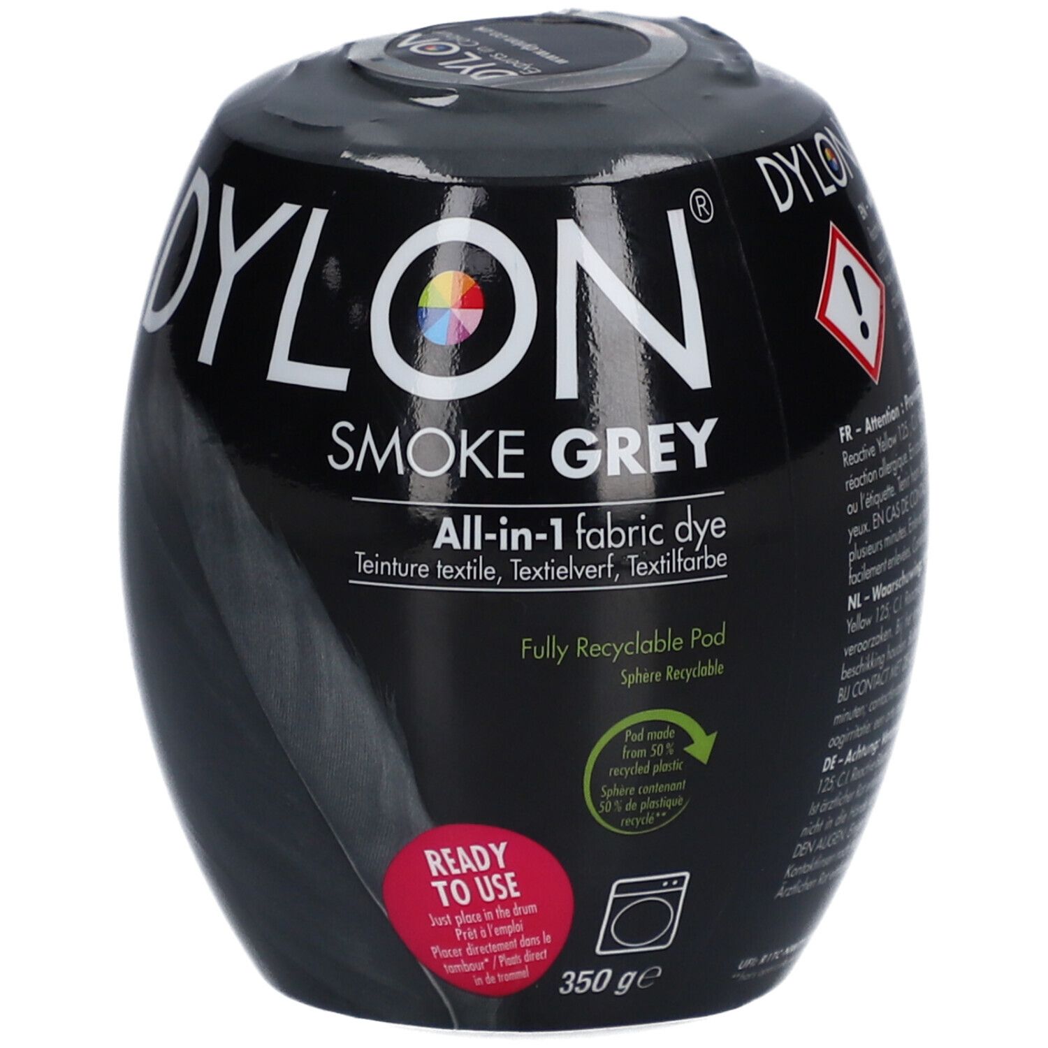 Dylon-Farbe, Smoke Grey, All-in-1-Textilfarbe. Schwarze, ovale Verpackung mit Produktinformationen und Logo.