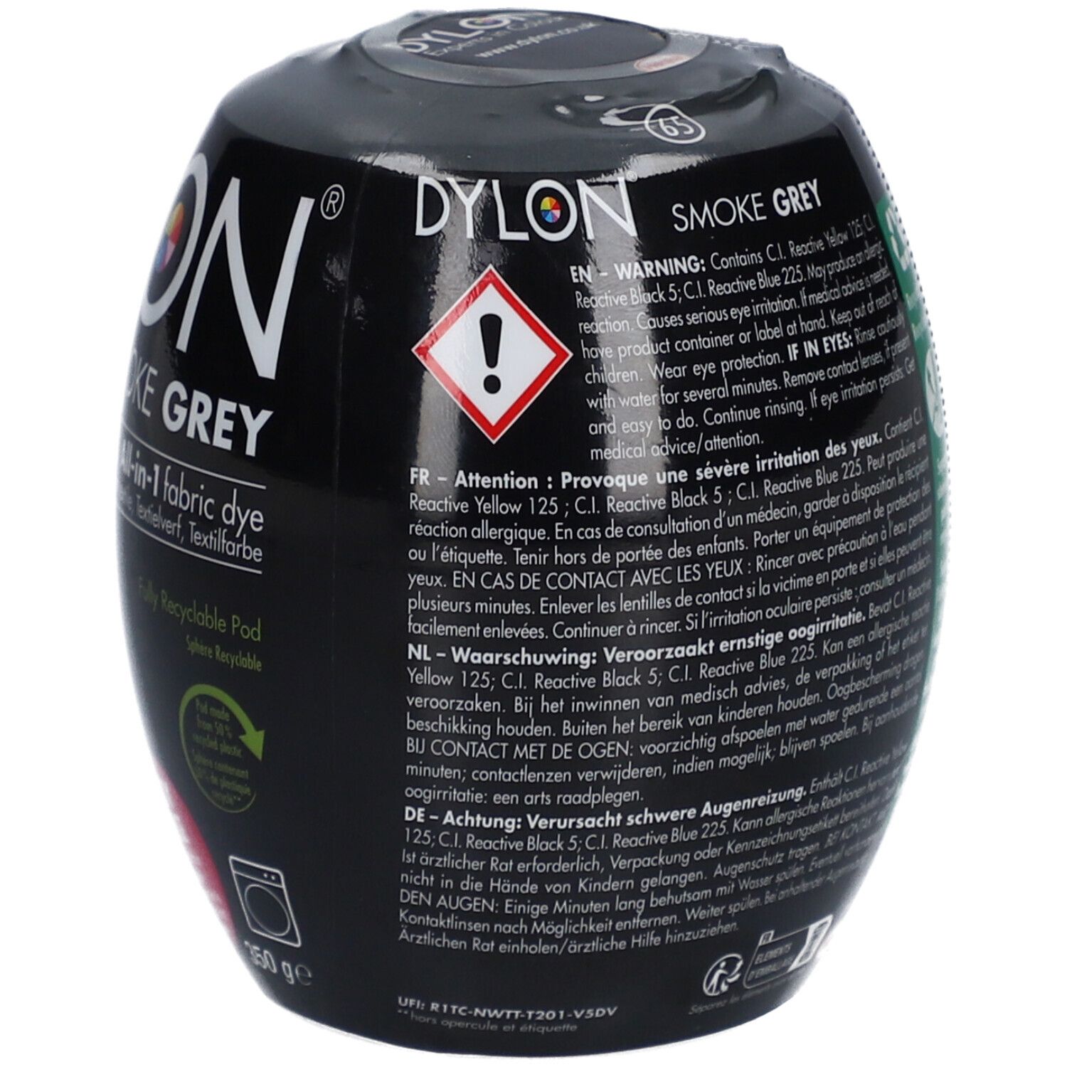 Rückseite der Dylon-Farbe. Schwarze, ovale Verpackung mit Texten und Warnhinweisen. Inhaltsstoffe.