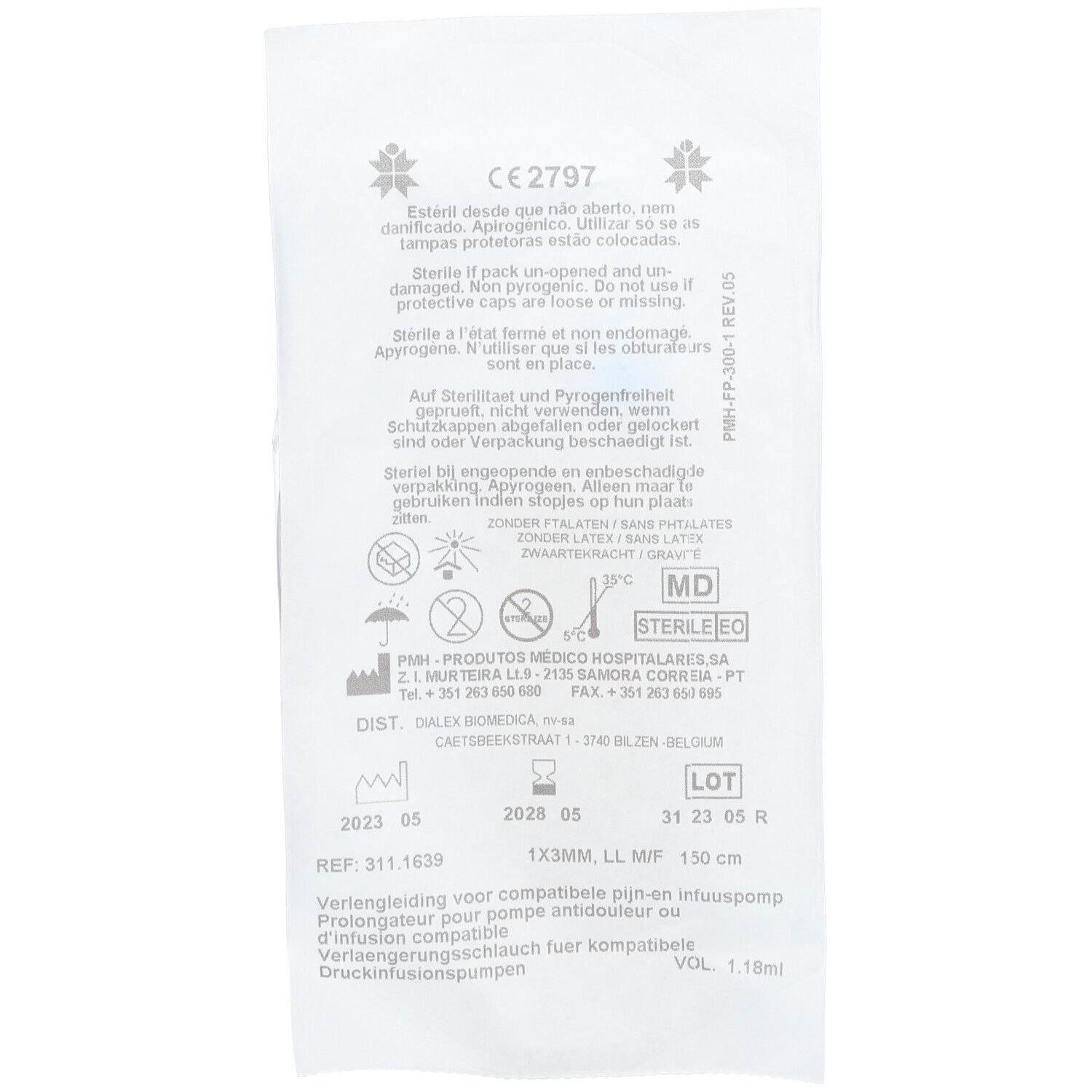Emballage avec texte. Informations produit, marquage CE, numéro de lot, REF, prolongateur LL MF 150 cm.