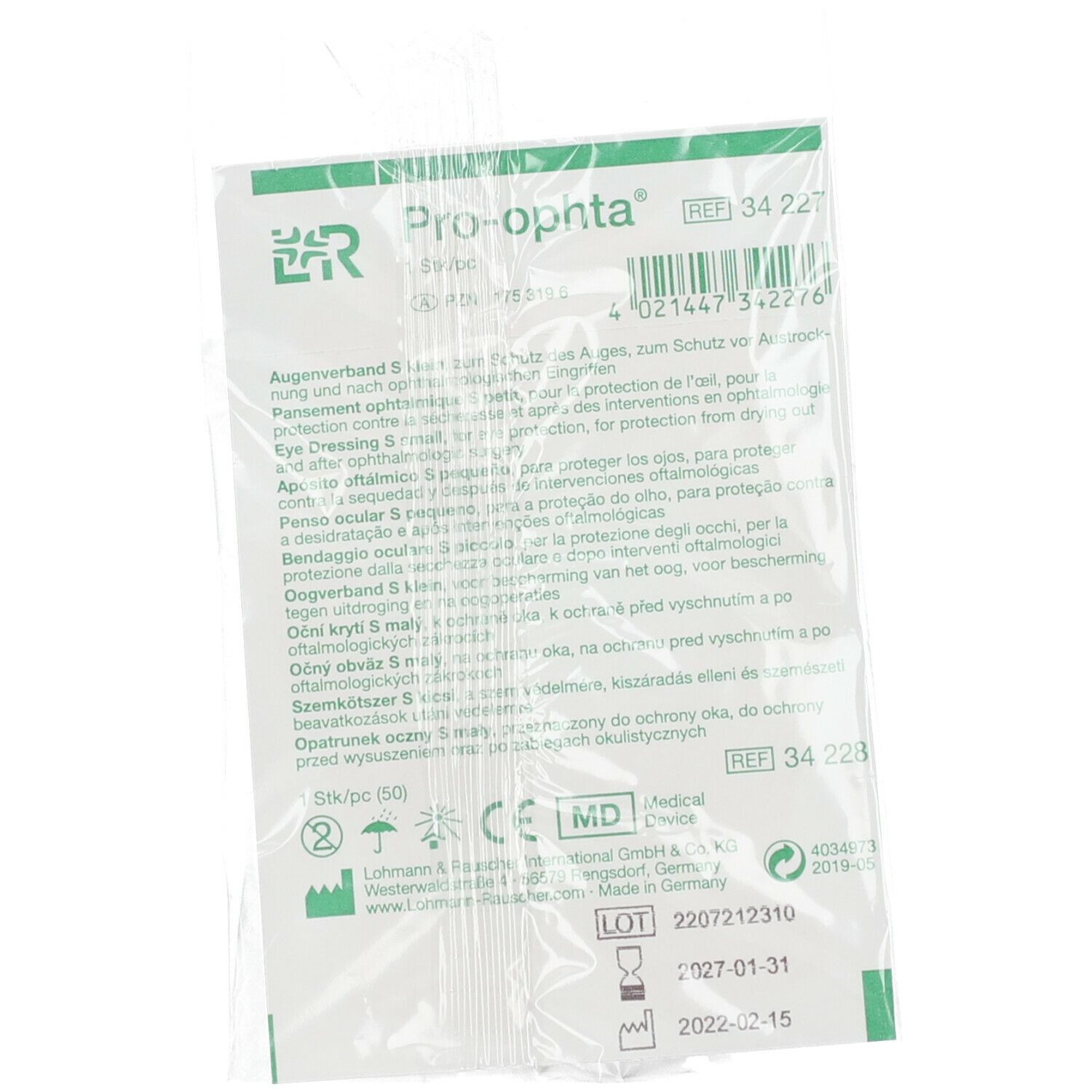 Emballage Pro-ophta® Pansement oculaire S petit, texte, film.