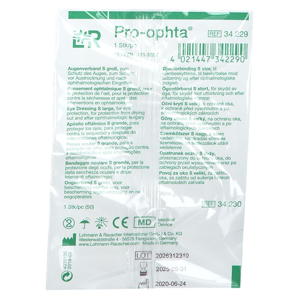 Emballage de Pro-ophta® Pansement oculaire S petit. Texte, nom du produit, numéro de lot, date de péremption, CE.