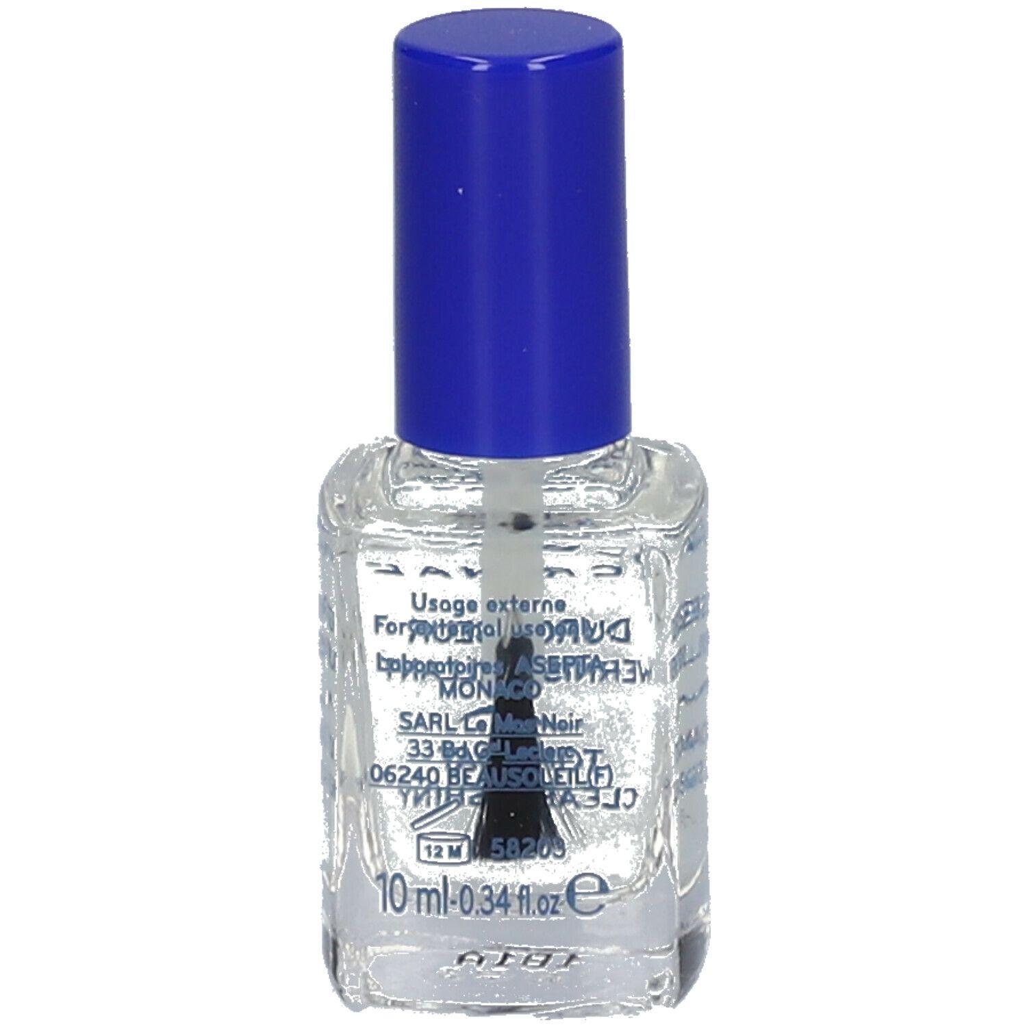 Durcisseur de vernis à ongles transparent en flacon de verre avec bouchon bleu. Inscriptions.