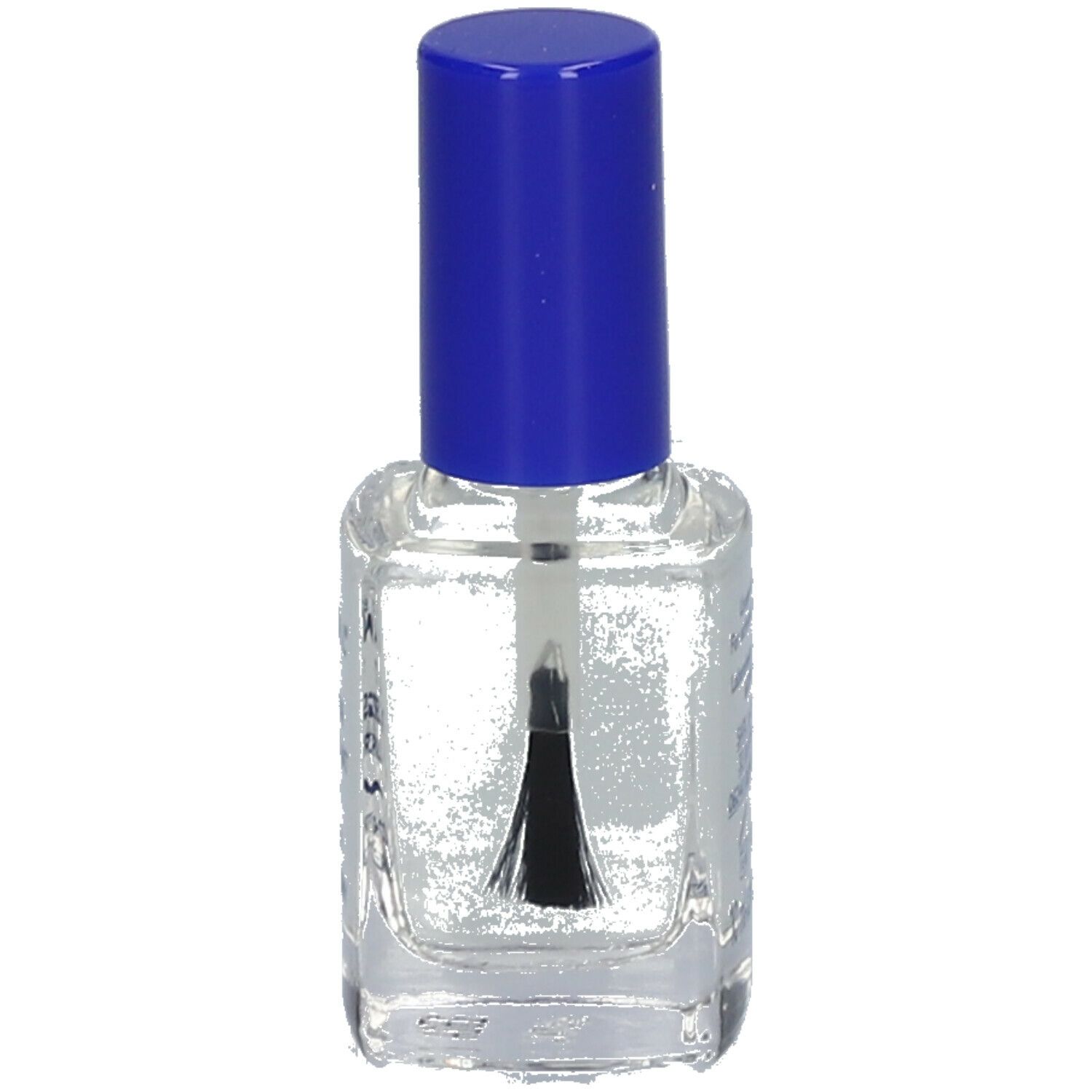 Durcisseur de vernis à ongles transparent, flacon en verre avec bouchon bleu et pinceau.
